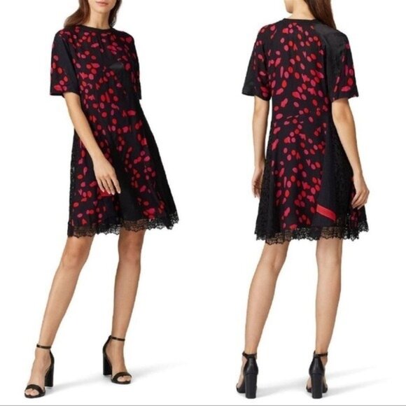 KOCHE Twisted Dotted Lace Mini Dress XS Black Red Mesh Satin Panel Sheer - Picture 1 of 15